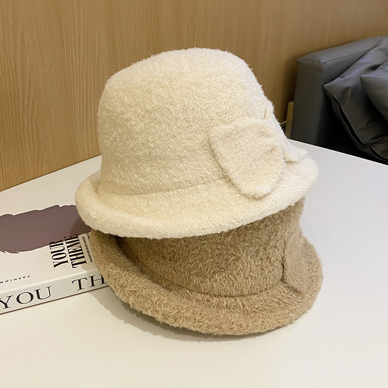 秋冬季毛绒蝴蝶结盆帽女优雅百搭