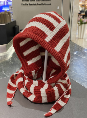 韩版护脖一体帽子女宽松版披肩连帽红色保暖百搭针织帽秋冬季新款