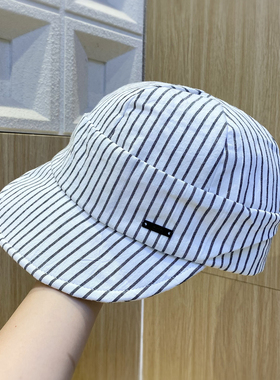 新品复古白色条纹鸭舌帽女春夏季文艺显脸小帽子可折叠遮阳棒球帽