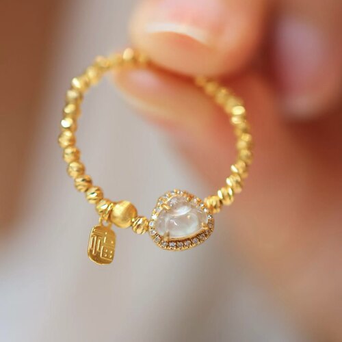 18k金镶嵌满钻天然翡翠A货翡翠高冰佛公戒指18k金配饰珠宝饰品