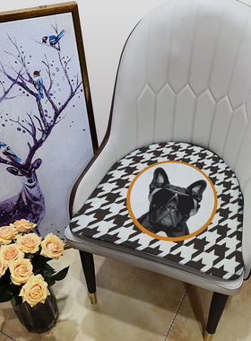 现代千鸟格马蹄形皮椅餐椅坐垫美式轻奢风橙色沙发秋冬短绒椅垫子