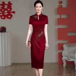 专柜同款喜婆婆婚宴旗袍醋酸高端华贵晚礼服裙年轻妈妈婚礼喜服夏