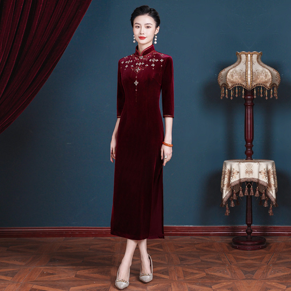 旗袍秋冬中国风喜婆婆婚礼服新中式显瘦喜妈妈宴会女装大码连衣裙