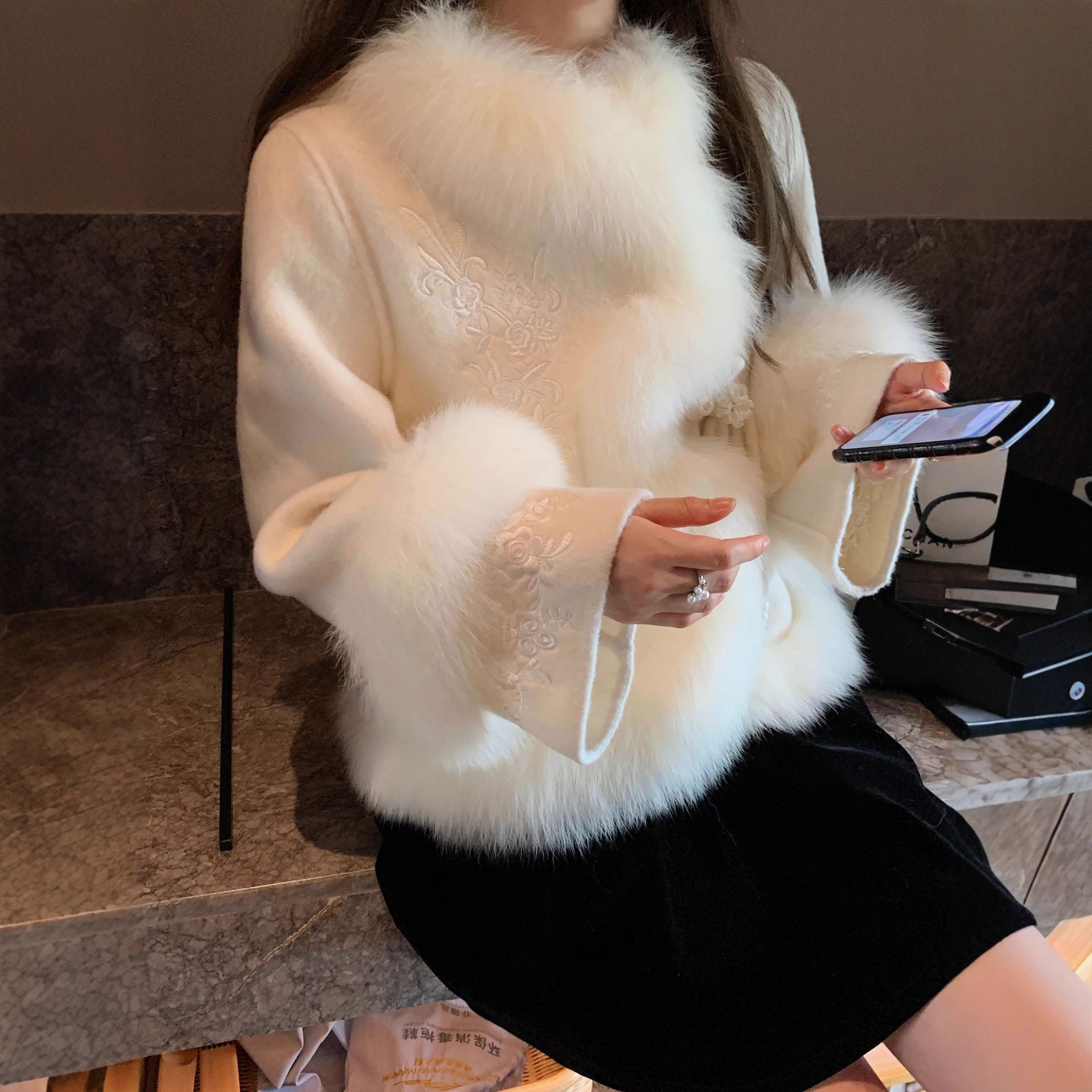 新中式秋冬新款狐狸毛中国风双面羊毛大衣短款气质小个子毛呢外套