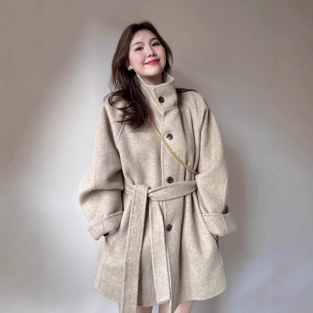 韩系立领2025秋冬小个子中长款双面羊毛大衣气质赫本风呢子外套女