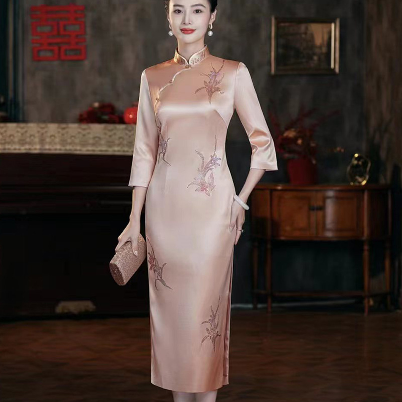 高端妈妈旗袍醋酸面料订婚结婚宴