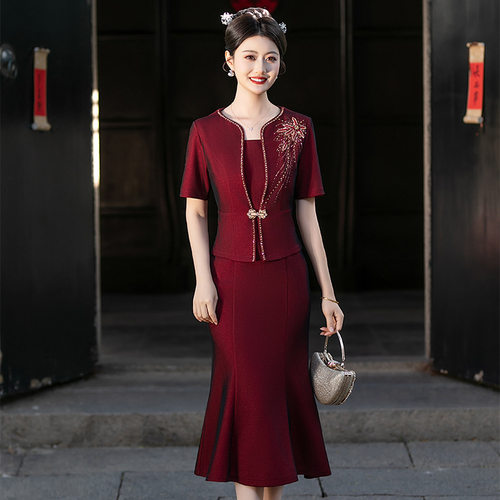 夏季新品两件套喜妈旗袍宴会刺绣中老年女装套装演出中式改良礼服