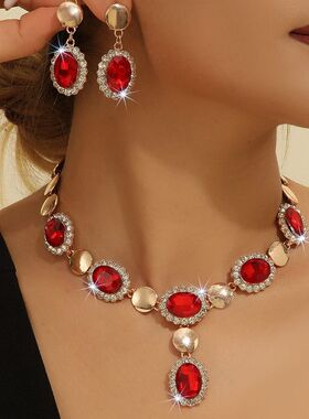 欧美爆款轻奢金色锌合金红色水晶项链耳环套装女夏季新款时尚配饰