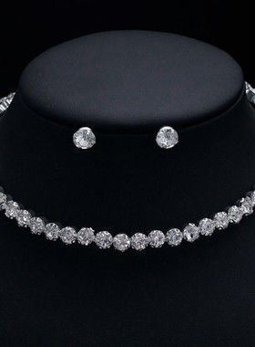 爆款韩式新娘闪耀水钻首饰套装圆形满钻手链耳环项链三件套首饰女