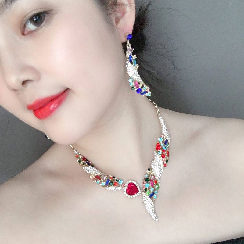 欧美高档奢华锆石爱心花朵项链耳环女士时尚锁骨链礼服婚纱配饰品