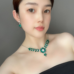 夏季欧美项链耳环两件套夸张复古水晶红色花朵锁骨链大众女士配饰