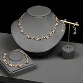 轻奢镶钻树叶项链耳环手链4件套 跨境首饰套装 时尚 锁骨链新娘配饰