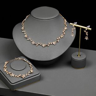 跨境首饰套装时尚轻奢镶钻树叶项链耳环手链4件套 锁骨链新娘配饰