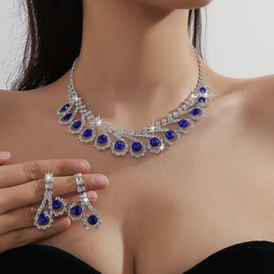 欧美项链耳环两件套水钻蓝绿色红色精致婚纱礼服宴会配装饰女拍摄