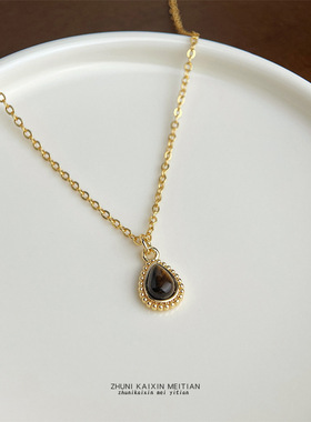 厚镀K真金强保色不易褪色天然石虎眼石水滴项链 中古风锁骨链女