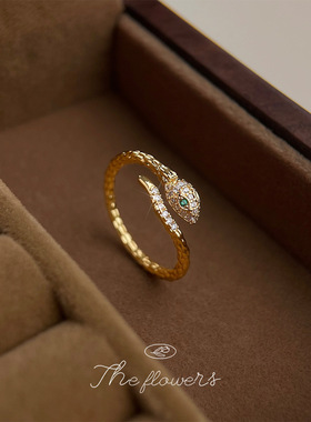 微镶锆石灵蛇戒指 电镀K高品质保色开口可调节指环高感食指戒