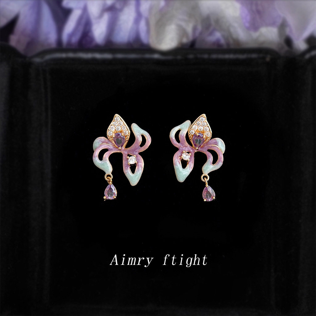 鸢尾花原创9银针镀14K珐琅彩绘锆石鸢尾花高感耳饰耳环,饰品/流行首饰/时尚饰品新,耳环,淘宝优惠券,粉丝福利购,淘宝优惠卷