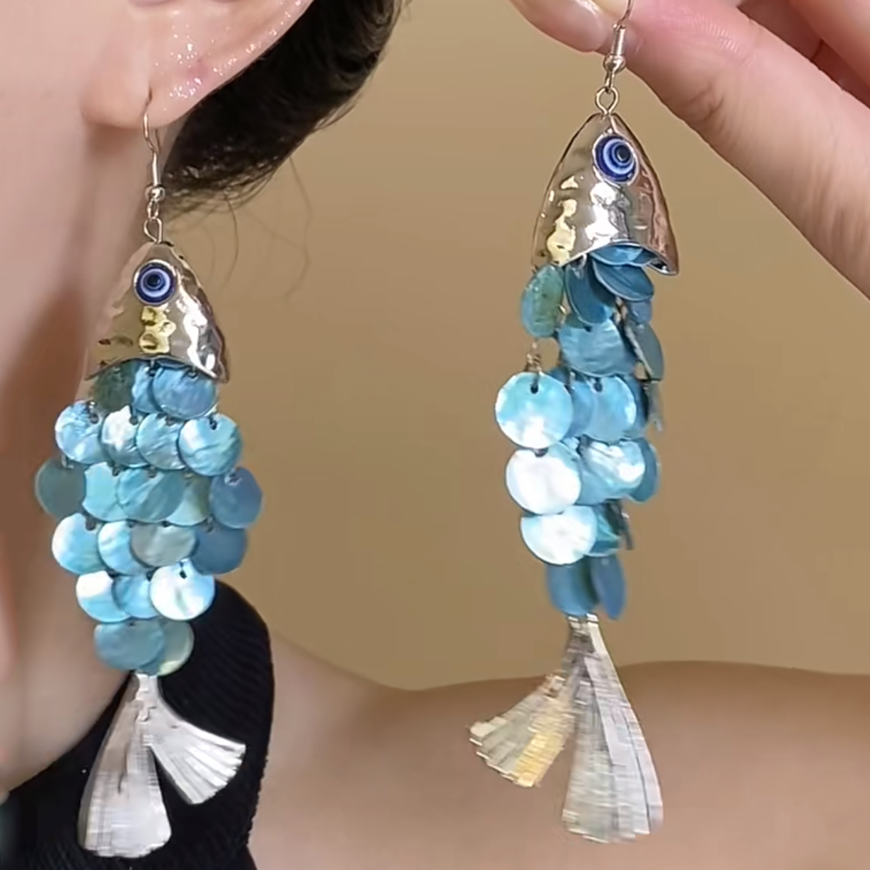 新中式风蓝色贝壳小鱼耳钩女创意设计感流苏耳坠轻奢气质时尚耳饰,饰品/流行首饰/时尚饰品新,耳环,淘宝优惠券,粉丝福利购,淘宝优惠卷