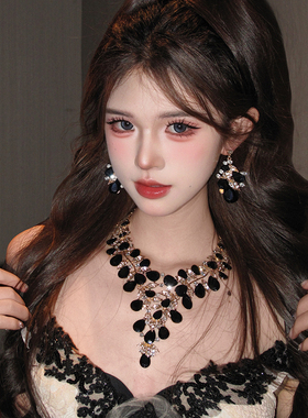 宫廷风重工精致黑色满钻水滴项链套装女高级感轻奢宴会晚礼服配饰