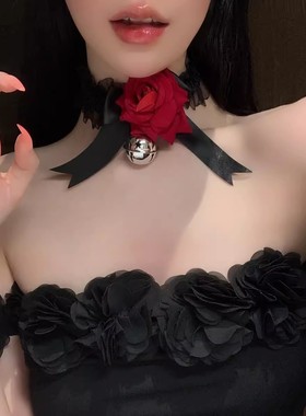 红玫瑰蕾丝蝴蝶结铃铛项圈女