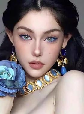 新款中式蓝色几何项链复古宫廷设计锁骨链高级感轻奢蝴蝶结耳钉