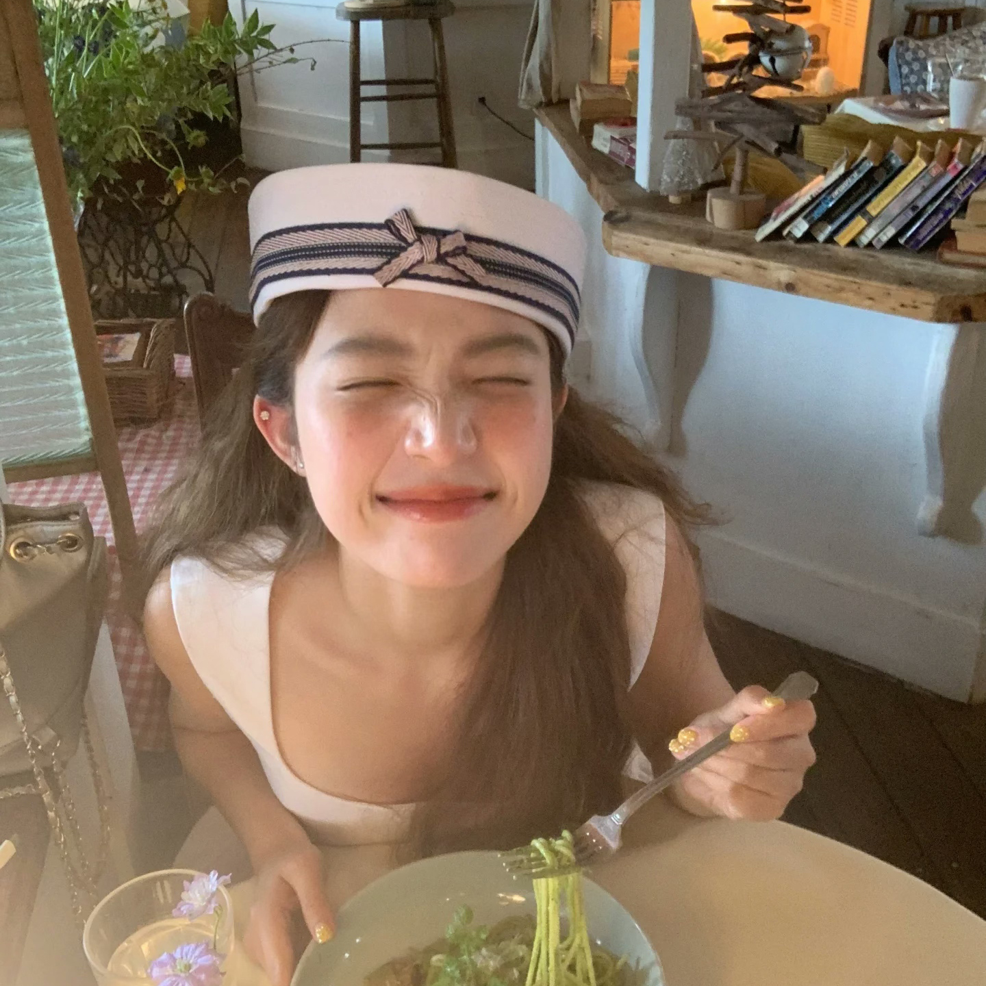 韩系甜美条纹蝴蝶结水手帽子