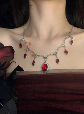 吸血鬼哥特风红色水滴项链女