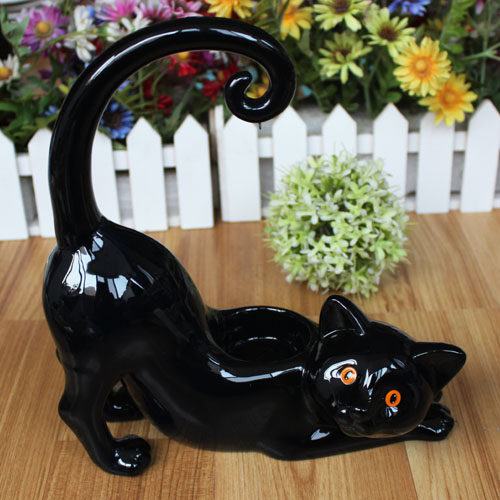 外贸陶瓷/出口埃及黑猫/摇尾陶瓷蜡烛台 /烛台/摆件