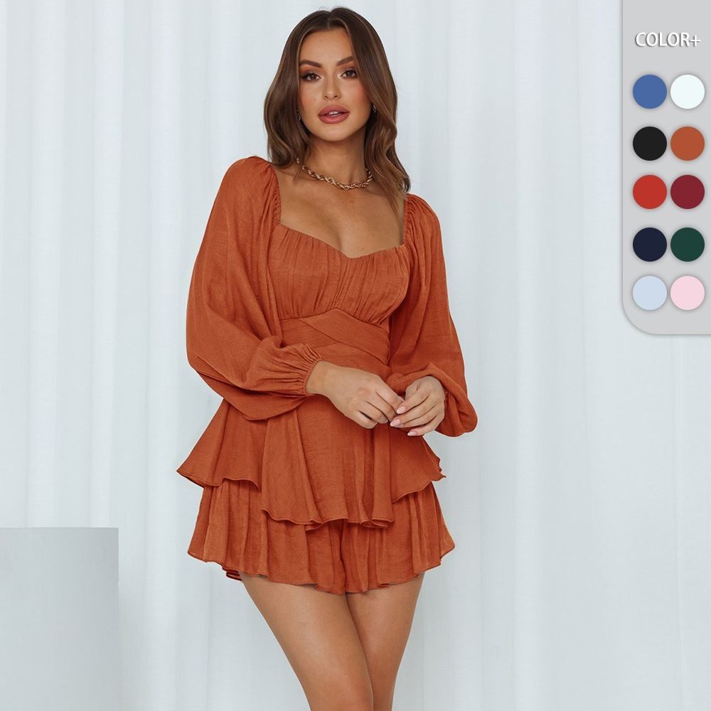 欧美都市时尚荷叶边连体裤女夏灯笼长袖方领收腰气质潮范休闲裤裙