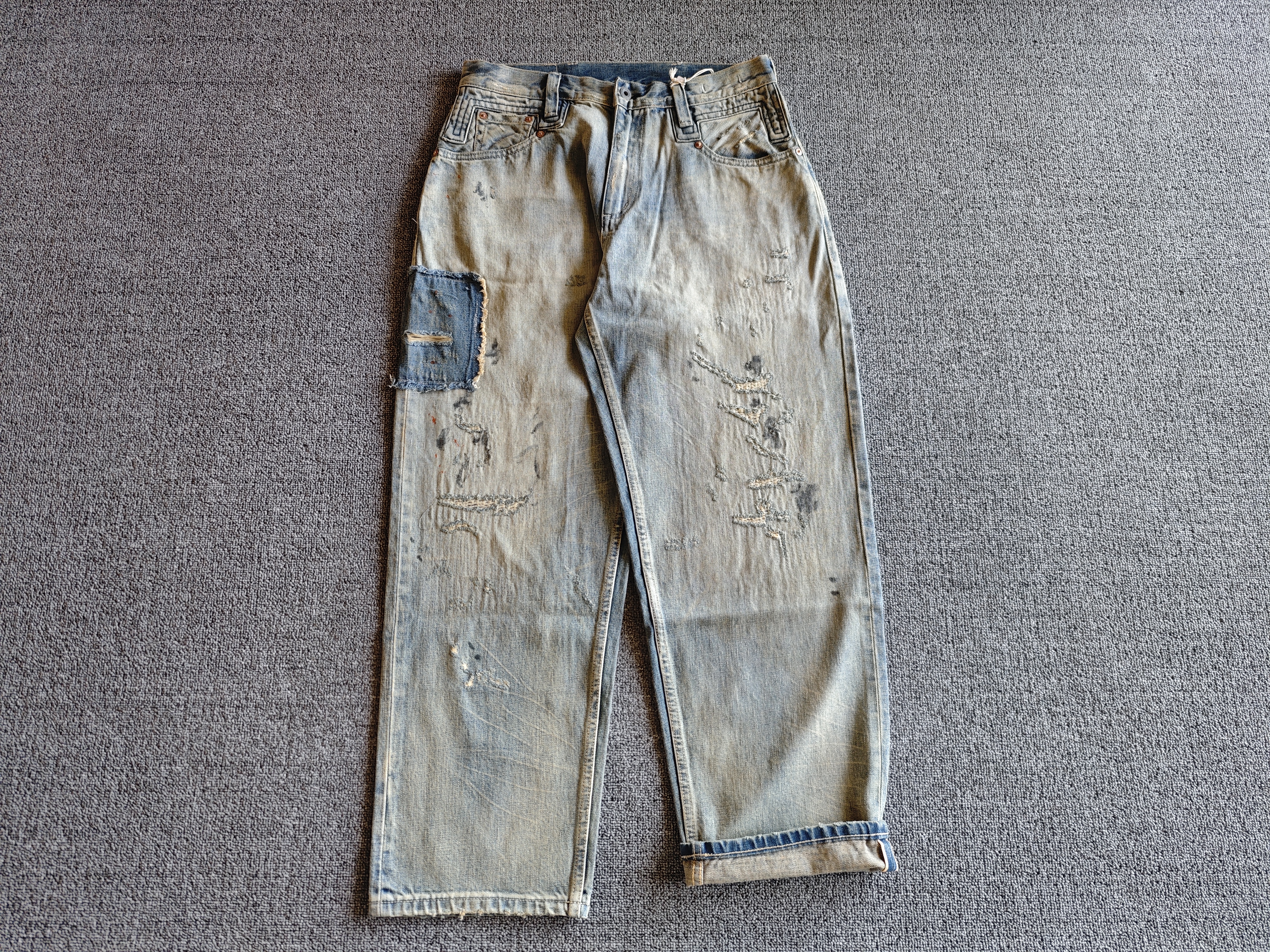 24awk276 日系冈山Ben's破烂补丁点漆赤耳宽松牛仔裤Vintage潮