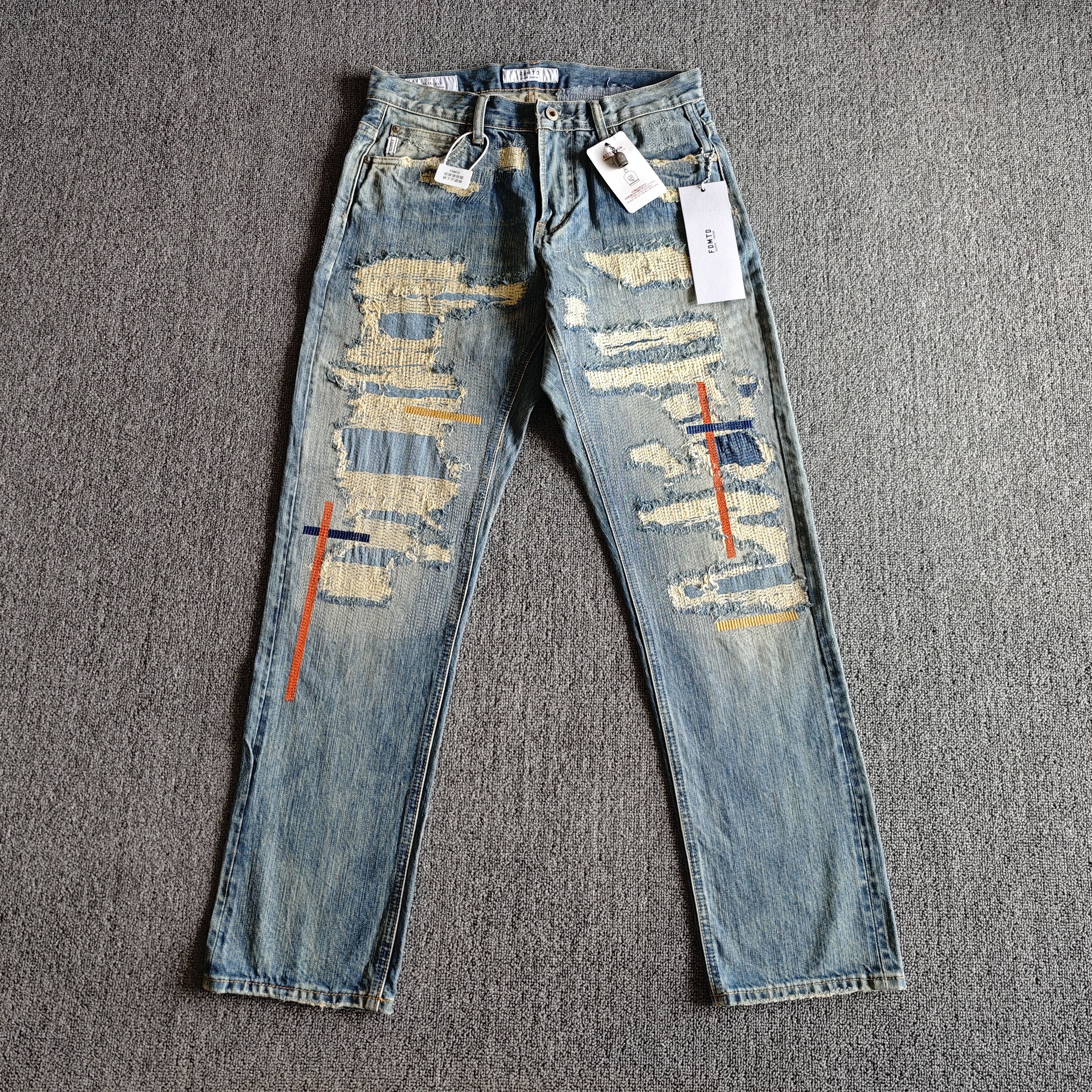 大魔王FDMTD十字牛王破坏刀割做旧水洗补丁BORO糜烂赤耳牛仔裤