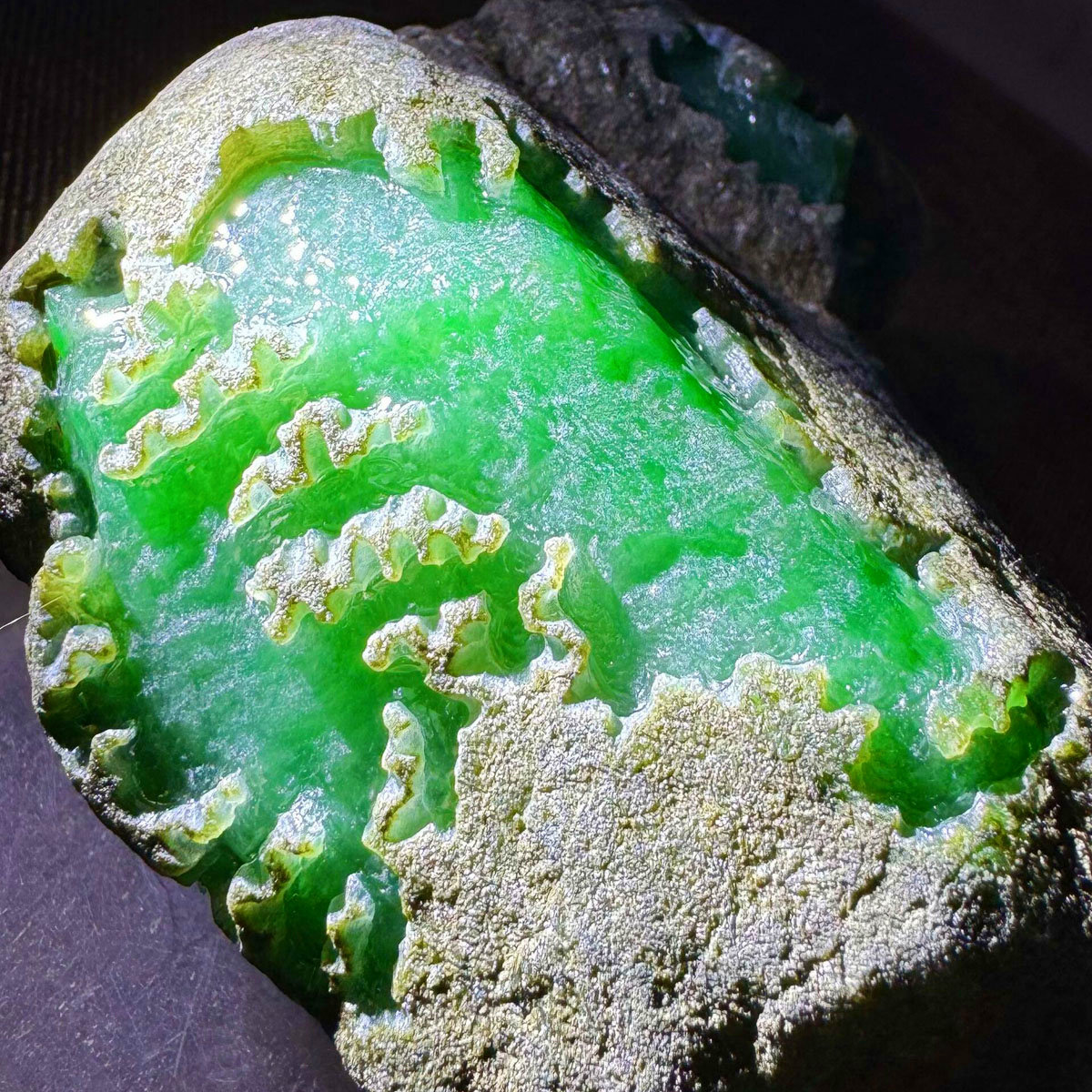 瑜瑾天然缅甸翡翠原石玉石毛料 莫西沙 冰种正阳绿高色 手镯料T17