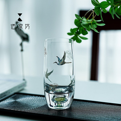 伍家坊 浮月仙鹤绿茶杯水晶玻璃家用茶杯果汁杯牛奶水杯银色礼盒