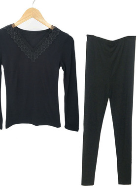 桑扶兰保暖内衣女v领蕾丝薄款上衣加绒一体绒长裤黑色秋衣裤ECI05