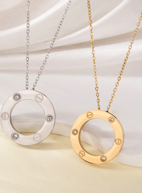 18k金电镀不锈钢吊坠锁骨链百搭设计感微镶锆石钛钢圆环项链