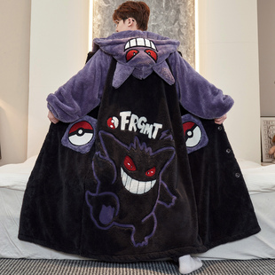 卡通珊瑚绒中长款睡袍男士秋冬季加厚加绒连帽保暖家居服睡衣套装