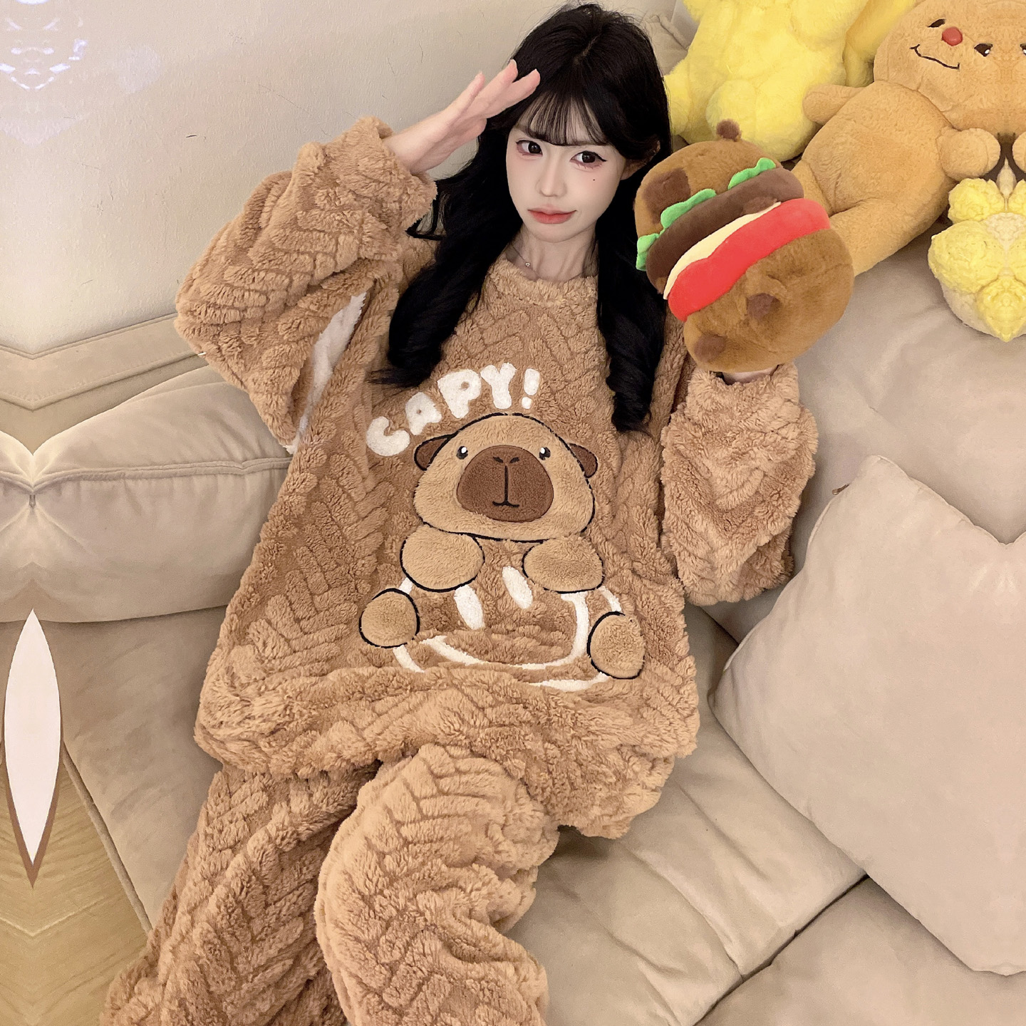 加绒加厚珊瑚绒女士保暖睡衣