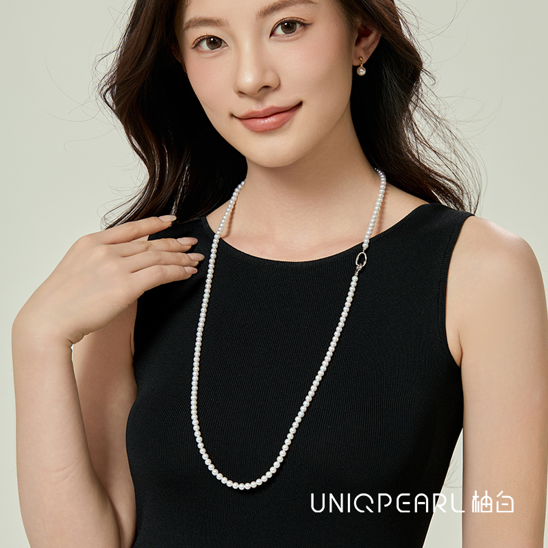 柚白 超长全珠项链天然极光淡水珍珠毛衣链秋冬多戴款颈链大气
