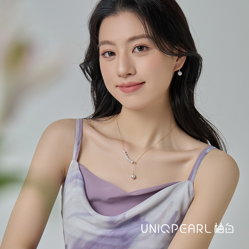 UP柚白 Y字链18K金天然极光珍珠项链8-8.5mm正圆baby珠颈链锁骨链