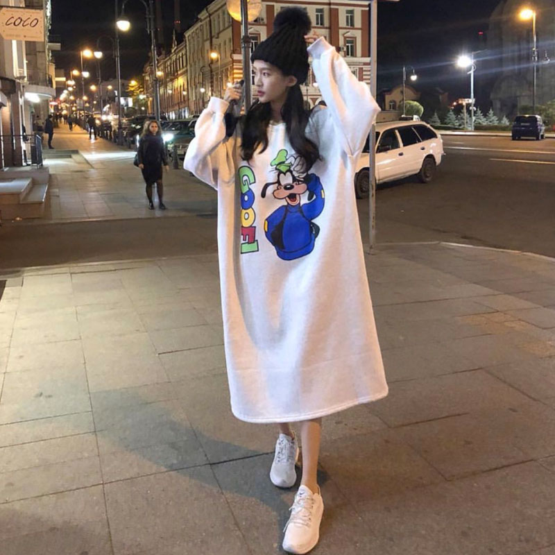 韩版宽松长款加绒卫衣连衣裙