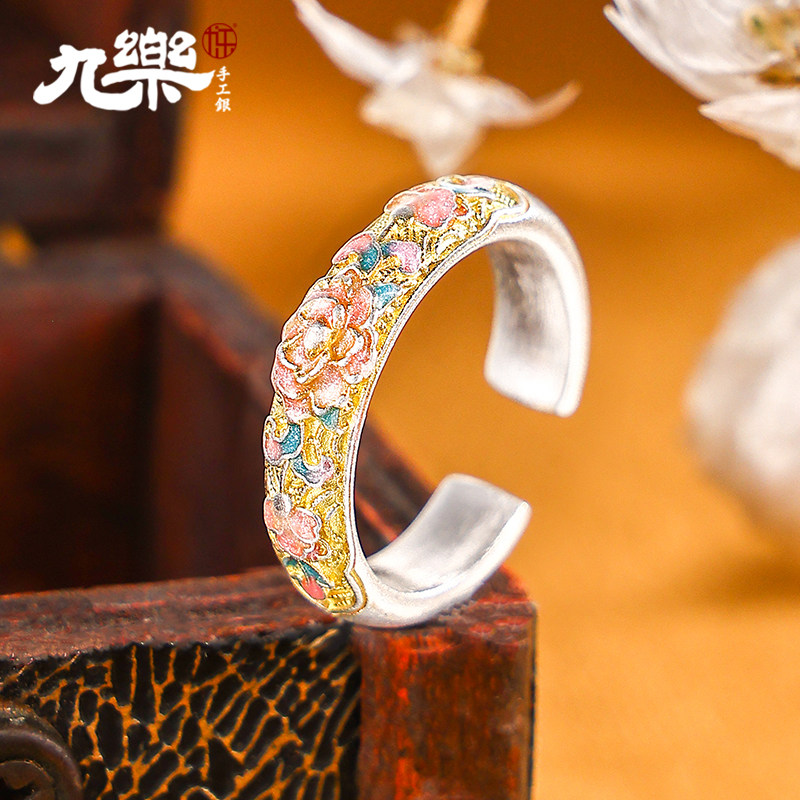 足银999古法芙蓉花开戒指图片