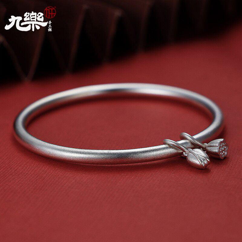 九乐999银手镯女年轻款古法传承莲蓬莲心两世欢简约银饰镯子图片