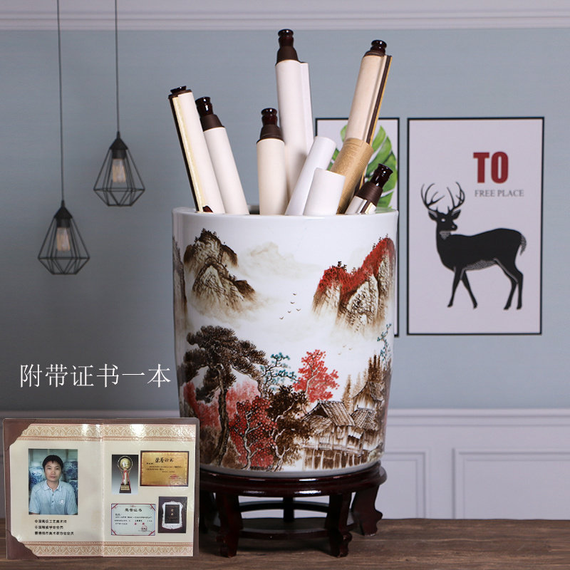 景德镇名师手绘山水陶瓷书画桶卷轴缸客厅落地插花瓶摆件字画收纳