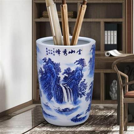 景德镇陶瓷青花瓷直筒大号书画缸卷轴缸字画收纳桶落地箭筒雨伞桶