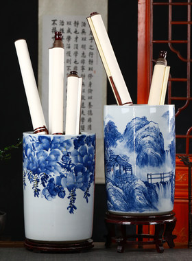 景德镇陶瓷花瓶青花瓷书画缸卷轴缸字画筒画轴收纳桶客厅书房摆件