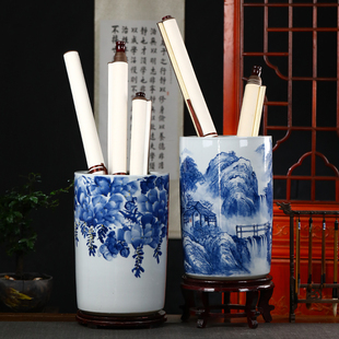 景德镇陶瓷花瓶青花瓷书画缸卷轴缸字画筒画轴收纳桶客厅书房摆件
