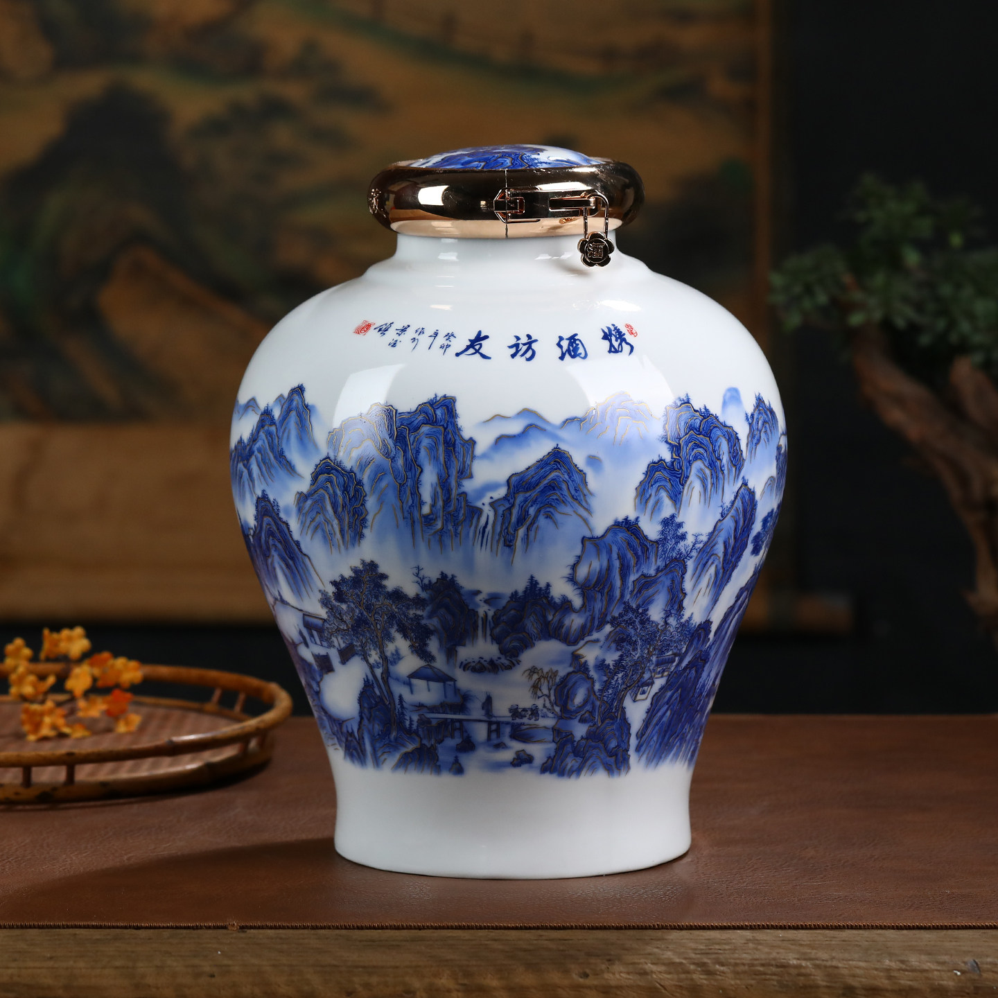 景德镇陶瓷青花酒坛子10/20/30斤装家用泡酒罐酒缸储存白酒瓶摆件
