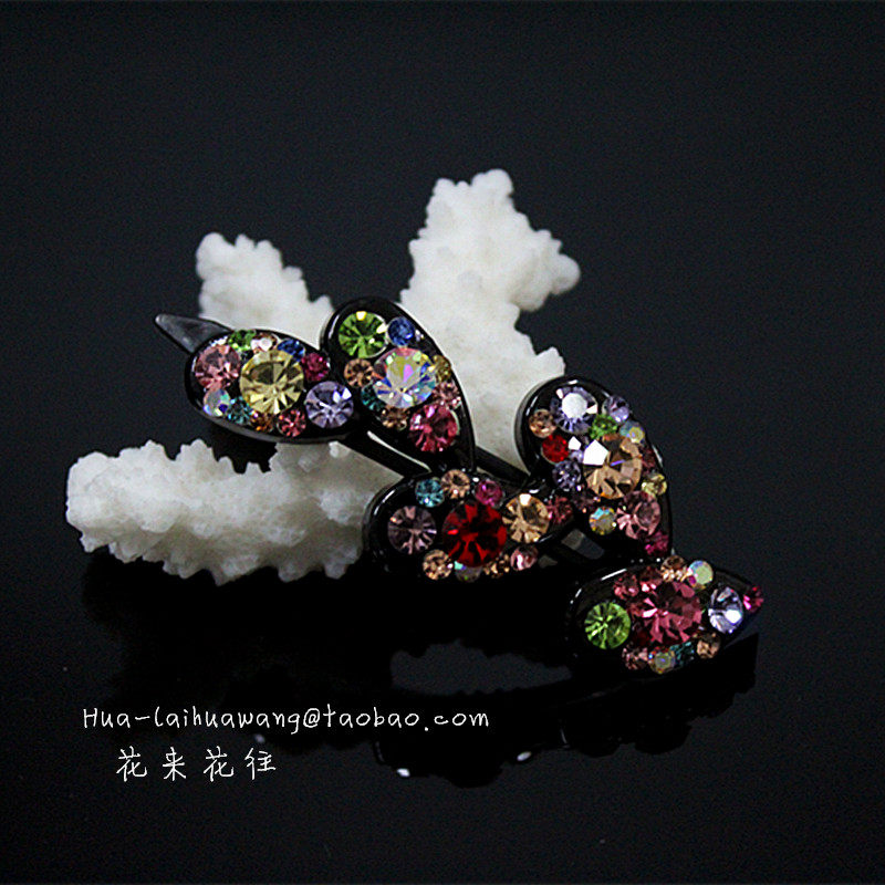花来花往韩版头发饰树叶镶钻水晶边夹顶夹水钻刘海发夹丸子花苞头