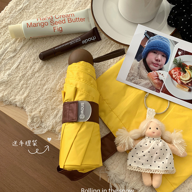 韩系简约纯色小巧便携黑胶遮阳伞防晒五折八股防紫外线晴雨两用伞