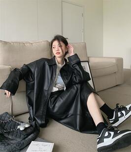 实拍 2023秋季新款韩系ins酷妹PU皮衣皮裙套装港风皮夹克外套女式